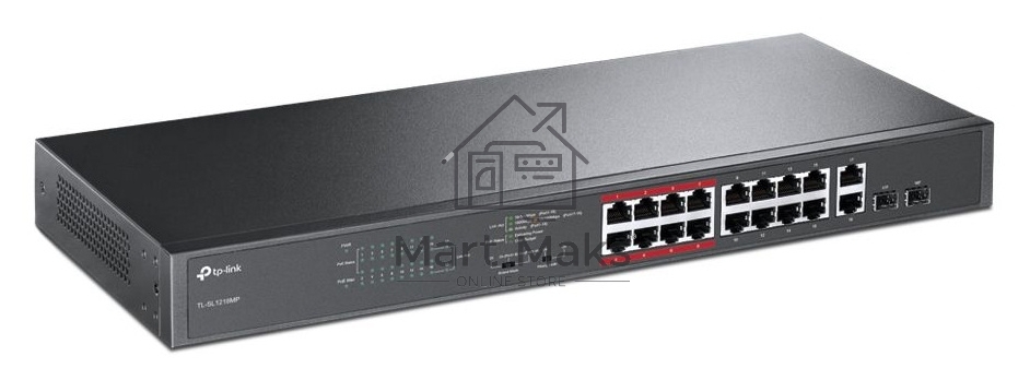 Коммутатор TP-LINK TL-SL1218MP Неуправляемый коммутатор PoE на 16 портов 10/100 Мбит/с и 2 гигабитных порта