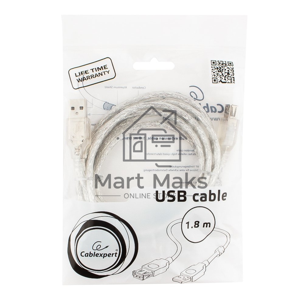 Кабель удлинитель USB2.0 Pro Cablexpert CCF-USB2-AMAF-TR-6, AM/AF, 1,8м, экран, 2феррит.кольца, прозрачный, пакет