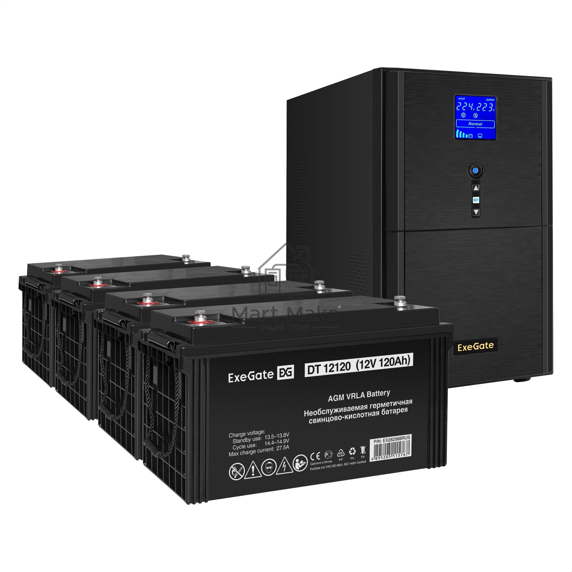 Комплект ИБП EX295990RUS + батарея 120Aч EX282988RUS 4шт (инвертор, синус, для котла) ExeGate SineTower SZ-3000.LCD.AVR.3SH.1C13.RJ.USB <3000VA/2400W, чистый синусоида, LCD дисплей, AVR, 3*Schuko+1*C13, RJ45/11, USB, линейно-интерактивный, Black> + батаре