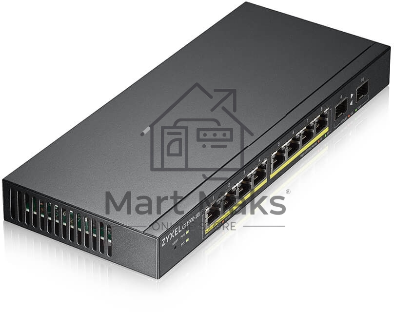 Коммутатор Smart L2 PoE+ Zyxel GS1900-10HP, 8xGE PoE+, 2xSFP, настольный, бесшумный, бюджет PoE 77 Вт