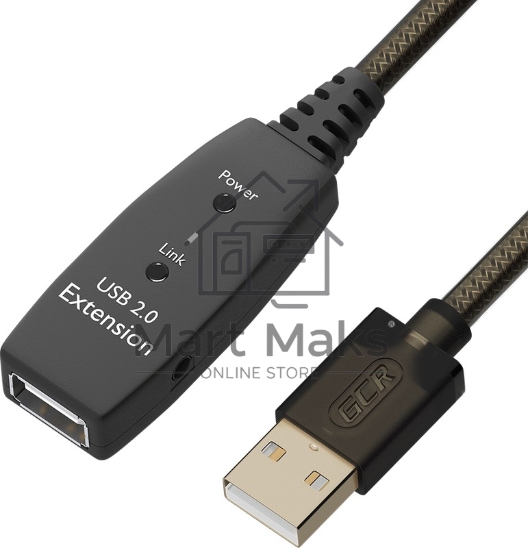 GCR Удлинитель активный 5.0m USB 2.0, AM/AF, GOLD, черно-прозрачный, с усилителем сигнала, разъём для доп.питания, 28/24 AWG