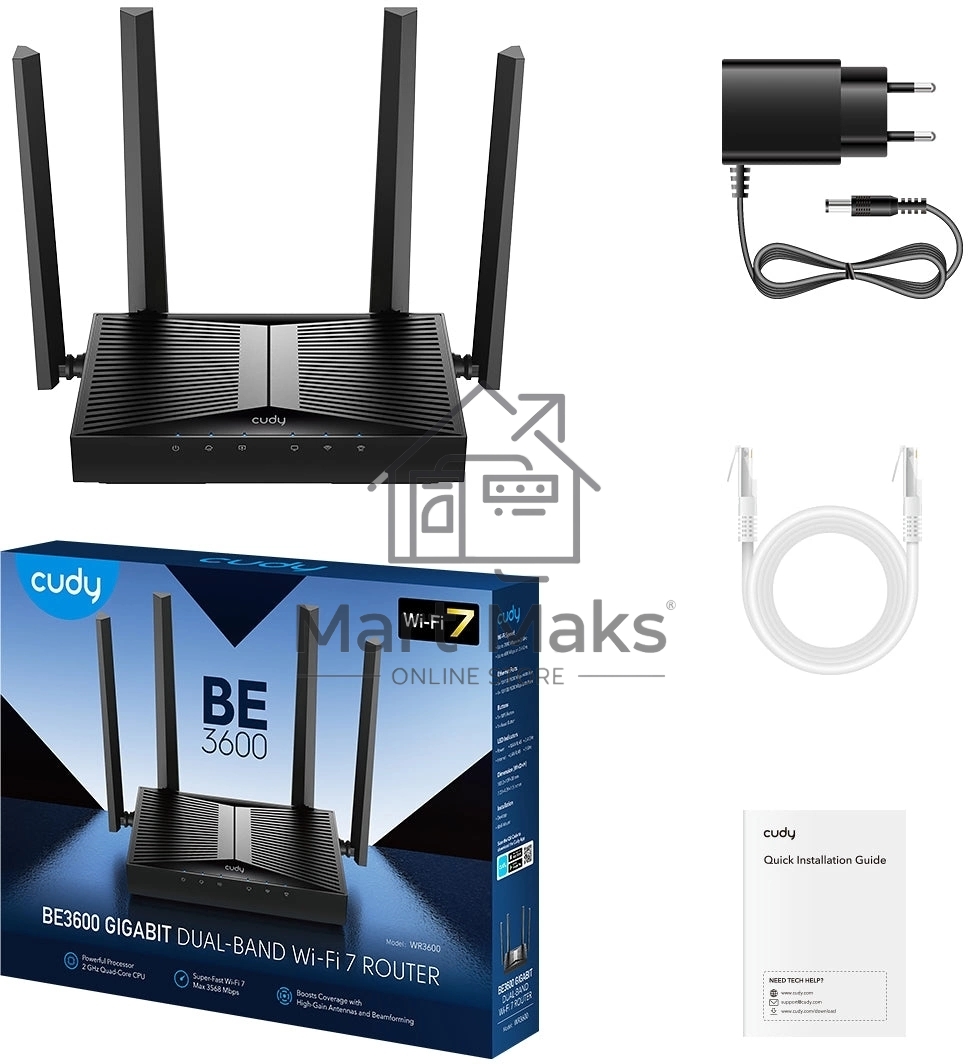 Маршрутизатор Cudy BE3600 Gigabit Dual Band Wi-Fi 7 Mesh Router, Chipset Broadcom, 802.11be/ax/ac/a/b/g/n, 2882Mbps at 5GHz + 688Mbps at 2.4GHz, 5 x 10/100/1000Mbps Ports, 4 x 5dBi fixed antennas, WiFi router/AP/ Repeater/WISP Mode, PPTP/L2TP/OpenVPN/Wire