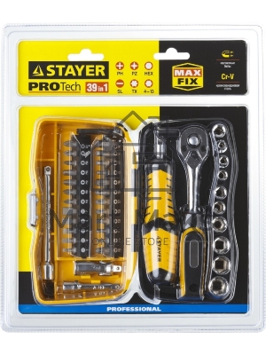 Биты и торцовые головки с трещоткой и воротком 39шт STAYER PROFI 25135-H39