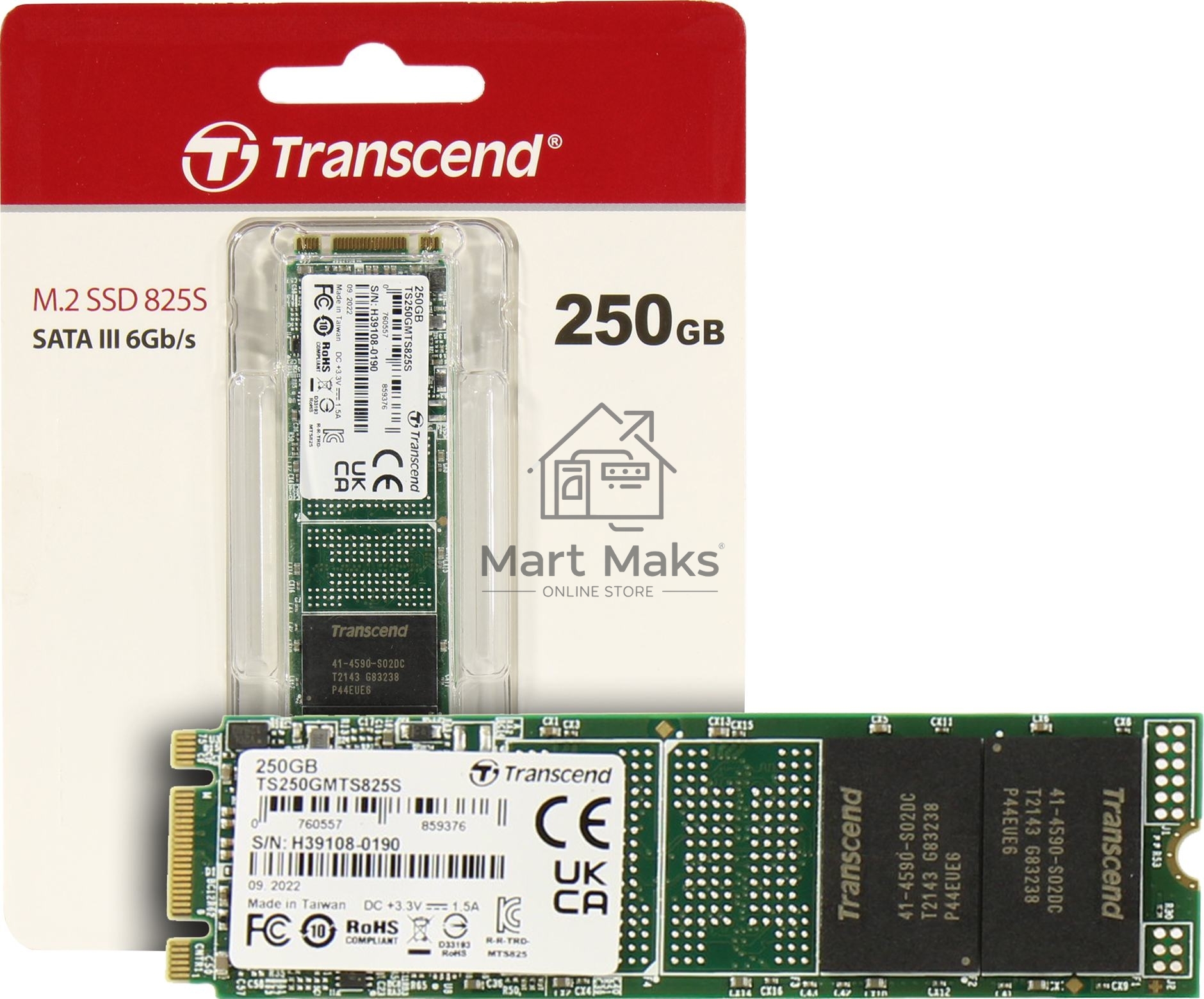 Накопитель SSD Transcend MTS825, 250Gb, M.2 2280, SATA III, R/W 500/330