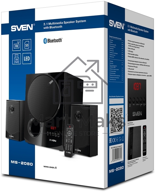 Акустическая система 2.1 SVEN MS-2080 / 70 Watt / ~220V 50Hz / FM-тюнер, USB/ SD, дисплей / BLUETOOTH / ПДУ / Black