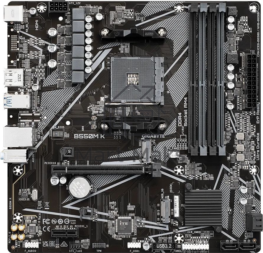 Материнская плата Gigabyte B550M K, AM4, AMD B550, 4xDDR4, 4xSATA, 2xM.2, 1xPCIe 4.0 x16, 1xPCIe x1, 1xHDMI, 1xDP, 1x 1Gb LAN, 4xUSB-A 3.2 Gen 1, 4xUSB-A 2.0, 3x3.5 мм, 7.1, mATX