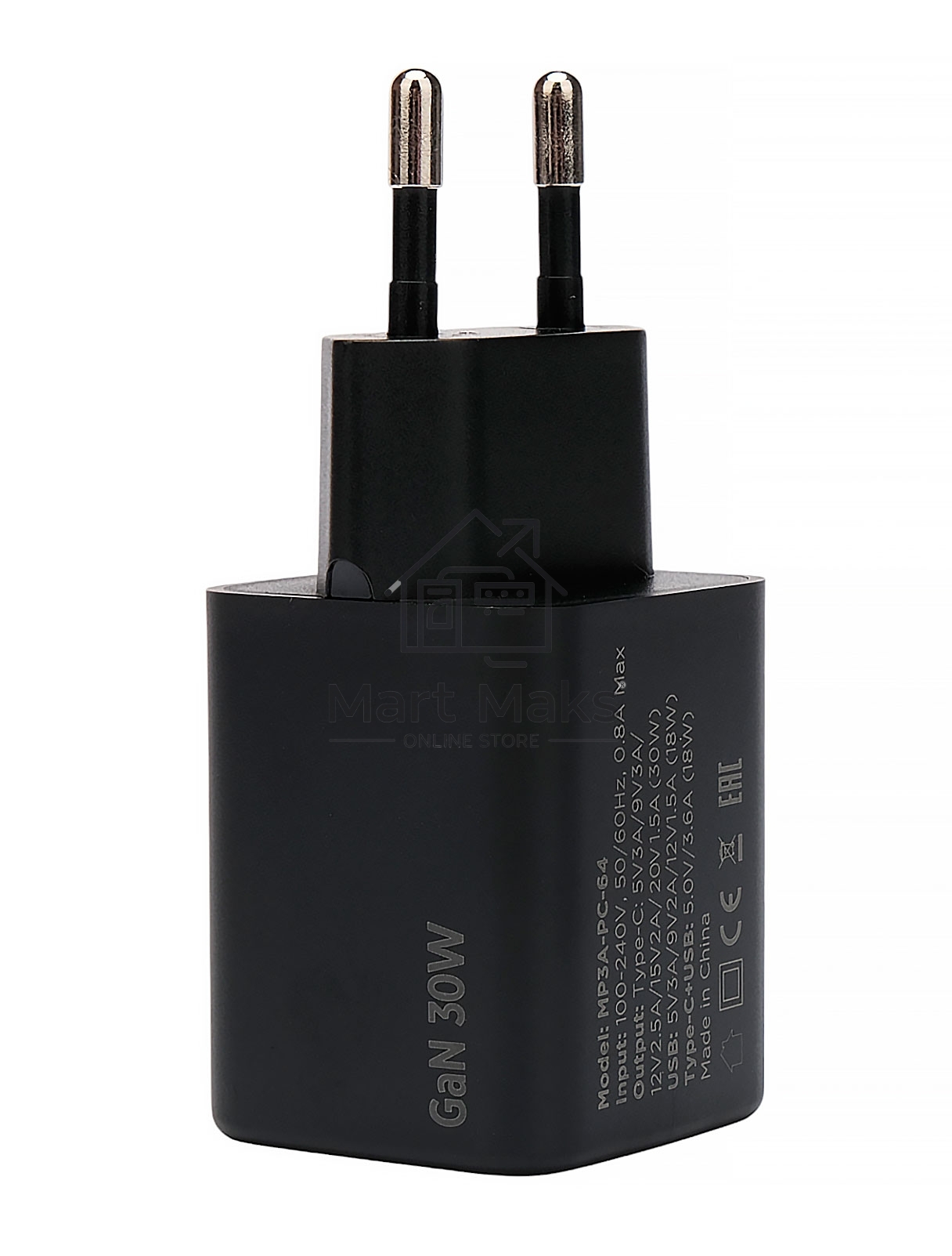 Зарядное устройство Cablexpert MP3A-PC-64, 30Вт GaN, 3А, QC4.0/PD, 1xUSB, 1xType-C, черный, пакет