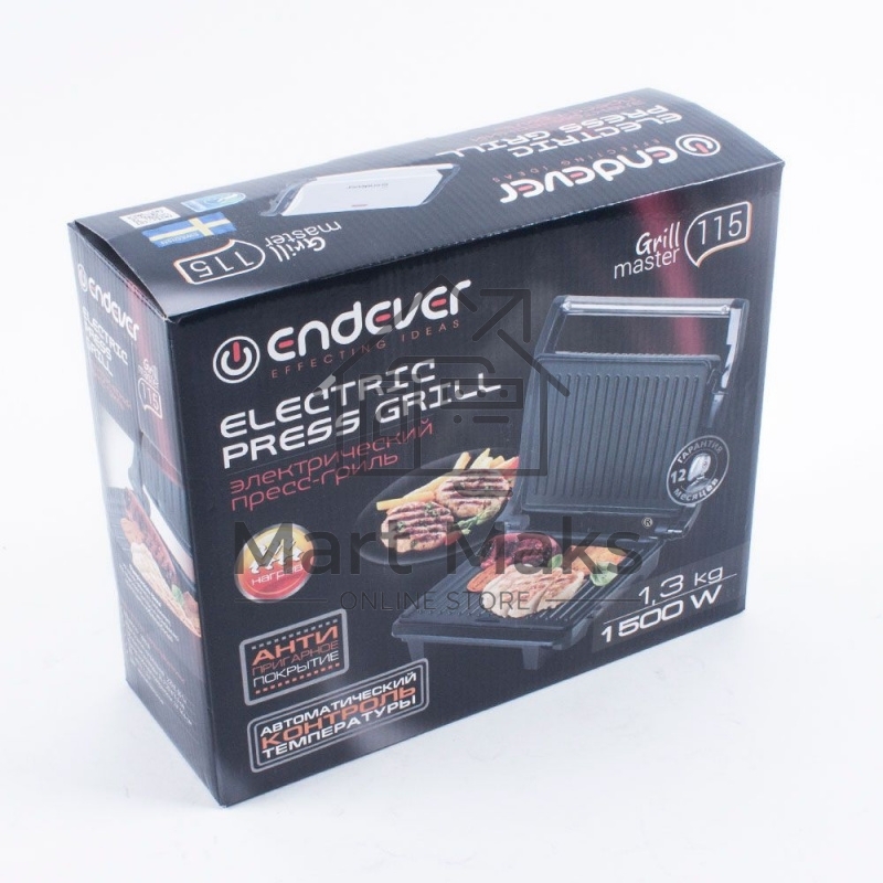 Электрогриль Endever Grillmaster 115, 1500 Вт, авто терморегулятор, антипригарное покрытие, индикатор нагрева, серебристый/черный