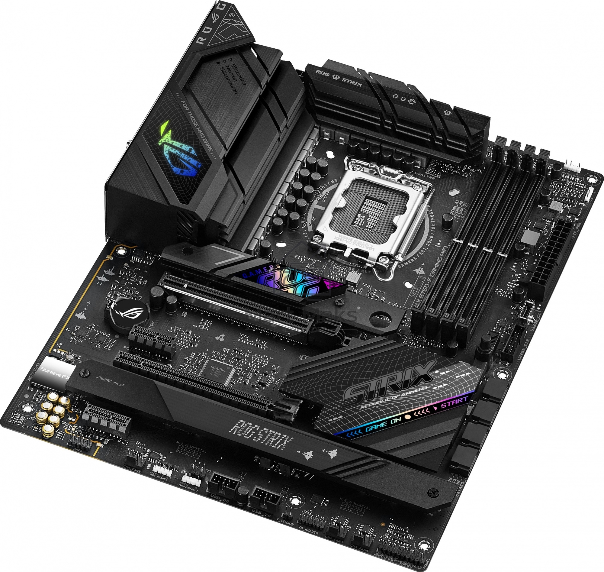 Материнская плата ASUS ROG STRIX B760-F GAMING WIFI, LGA 1700, Intel B760, 4xDDR5, 4xSATA, 3xM.2, 1xPCI-E 5.0 x16, 1xPCI-E 3.0 x4, 1xHDMI, 1xDP, 1x 2.5Gb LAN, 1xUSB-A 3.2 Gen 2, 6xUSB-A 3.2 Gen 1, 1xUSB-C 3.2 Gen 2x2, 5x3.5 мм, 7.1, Standard-ATX