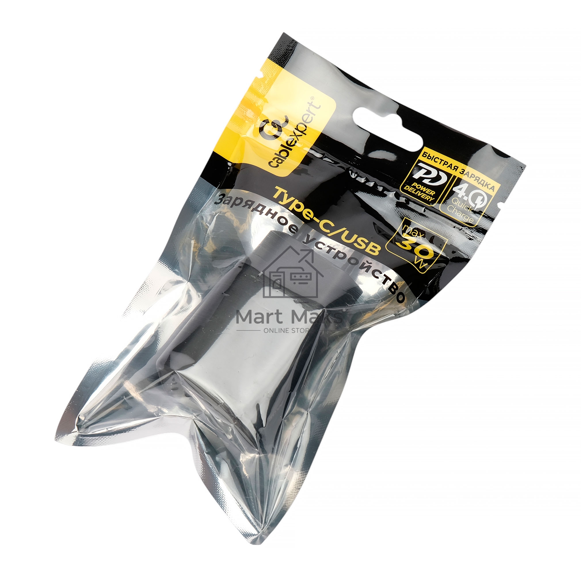 Зарядное устройство Cablexpert MP3A-PC-64, 30Вт GaN, 3А, QC4.0/PD, 1xUSB, 1xType-C, черный, пакет