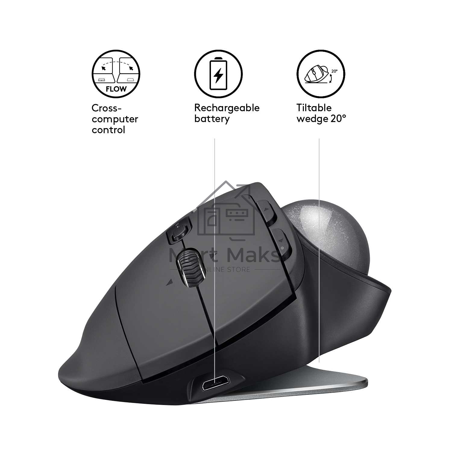 Трекбол беспроводной Logitech MX Ergo графитовый, 2048 dpi, радиоканал, Bluetooth, USB, кнопки - 8