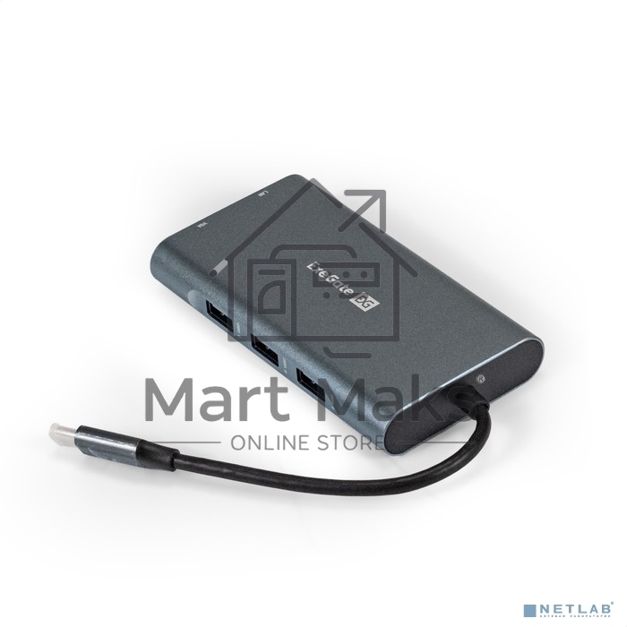 Док-станция ExeGate EX293985RUS DUB-31C/MAX (кабель-адаптер USB Type-C --> 3xUSB3.0 + Card Reader + PD 100W + HDMI 4K@30Hz + VGA + Audio + Lan RJ45 10/100/1000Mb, Plug&Play, серый)