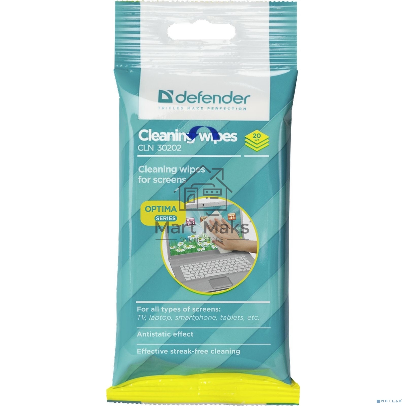 Чистящие салфетки Defender CLN 30202 ECO для экранов всех типов мягкая упаковка / 20 шт / Россия.