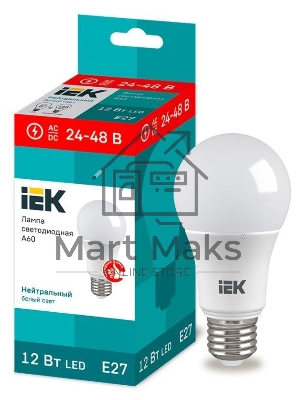 Лампа светодиодная A60 шар 12Вт 24-48В 4000К E27 (низковольтная) IEK LLE-A60-12-24-48-40-E27 Лампа светодиодная A60 шар 12Вт 24-48В 4000К E27 (низковольтная) IEK LLE-A60-12-24-48-40-E27