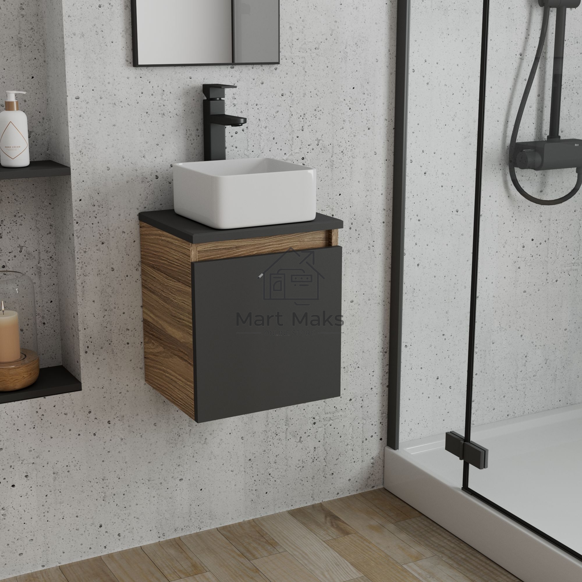Тумба Bau Dream Blackwood 35 с ящиком, графит, раковина BAU Mini 24х24, смеситель для раковины высокий Hotel Black, черный