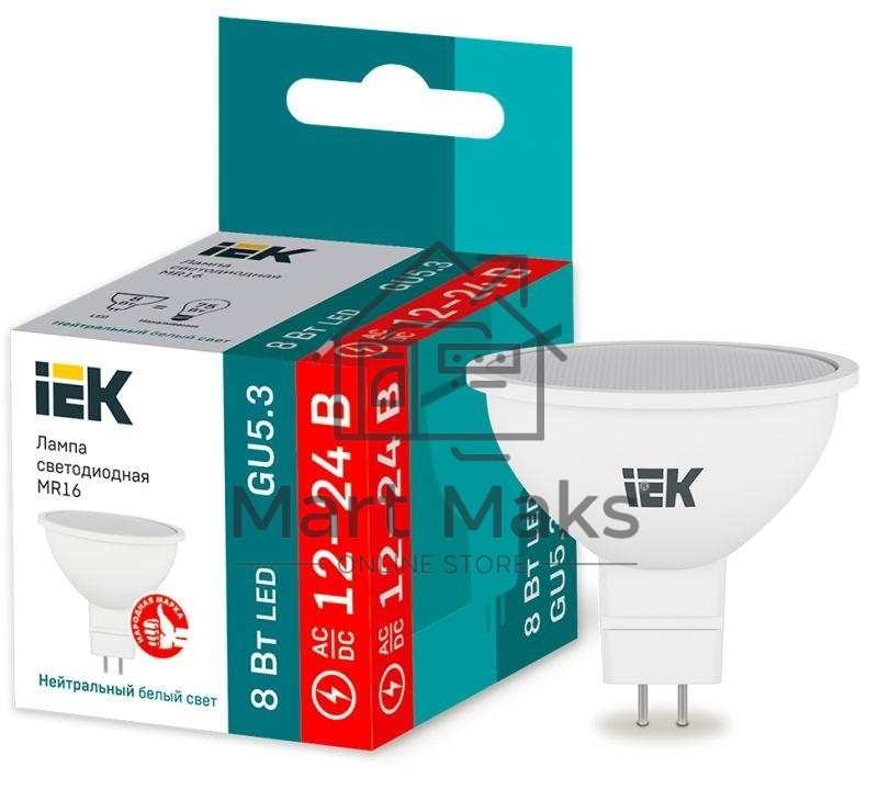 Лампа светодиодная MR16 софит 8Вт 12-24В 4000К GU5.3 (низковольтная) IEK LLE-MR16-08-12-24-40-GU5