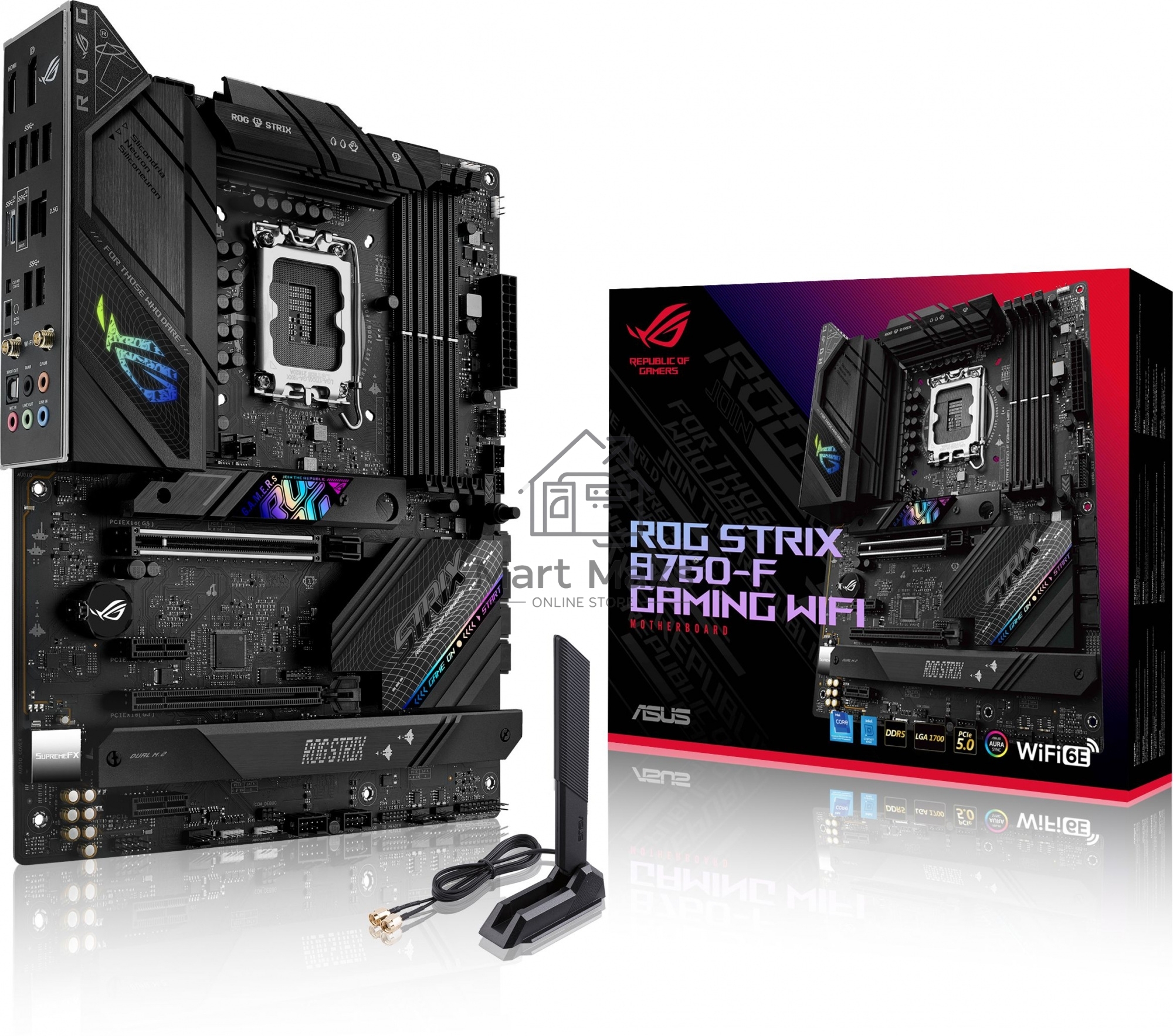 Материнская плата ASUS ROG STRIX B760-F GAMING WIFI, LGA 1700, Intel B760, 4xDDR5, 4xSATA, 3xM.2, 1xPCI-E 5.0 x16, 1xPCI-E 3.0 x4, 1xHDMI, 1xDP, 1x 2.5Gb LAN, 1xUSB-A 3.2 Gen 2, 6xUSB-A 3.2 Gen 1, 1xUSB-C 3.2 Gen 2x2, 5x3.5 мм, 7.1, Standard-ATX