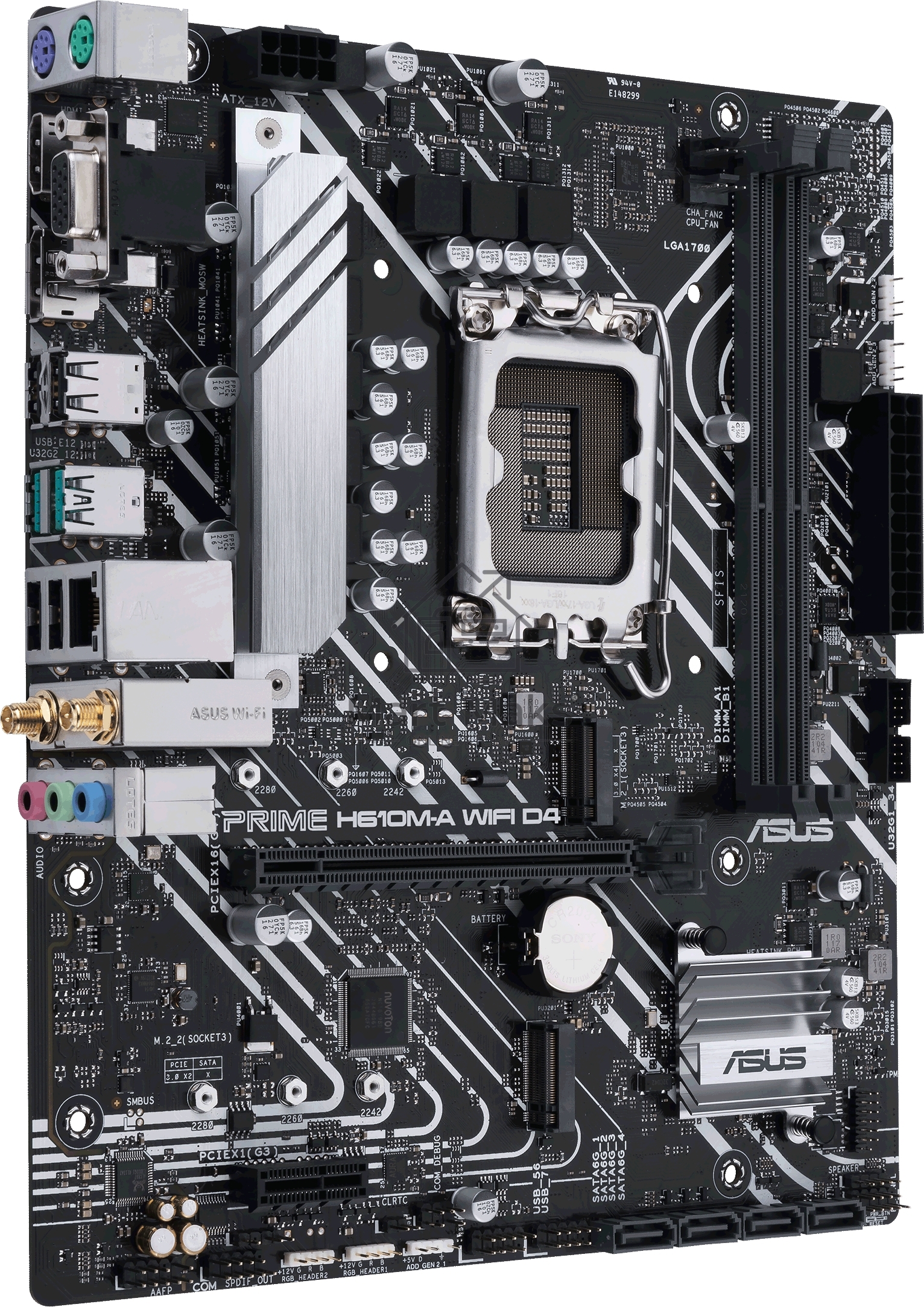 Материнская плата ASUS PRIME H610M-A WIFI D4, LGA 1700, Intel H610, 2xDDR4, 4xSATA, 2xM.2, 1xPCI-E 4.0 x16, 1xHDMI, 1xDisplayPort, 1x 1Gb LAN, 2xUSB-A 3.2 Gen 2, 4xUSB-A 2.0, 3x3.5 мм, 7.1, Micro-ATX