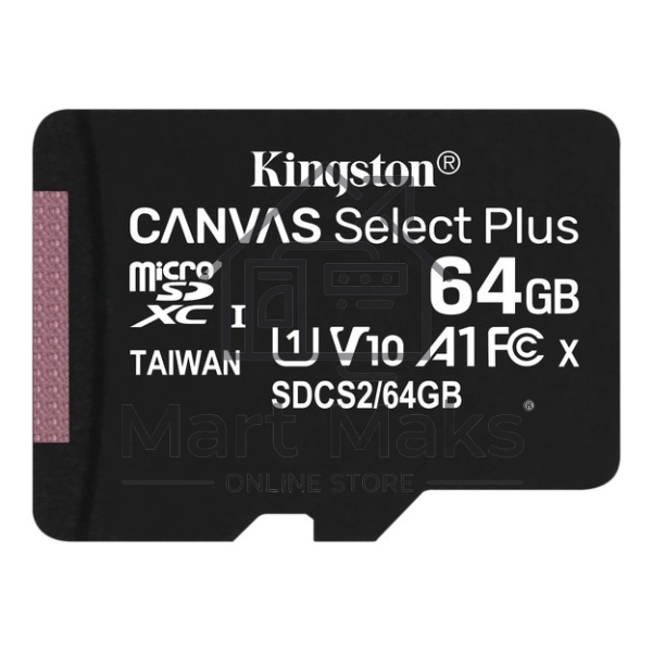 Флеш карта microSDHC 64GB microSDXC Class10 Kingston <SDCS2/64GB> Class10 UHS-I Canvas Select up to 100MB/s с адапт.
