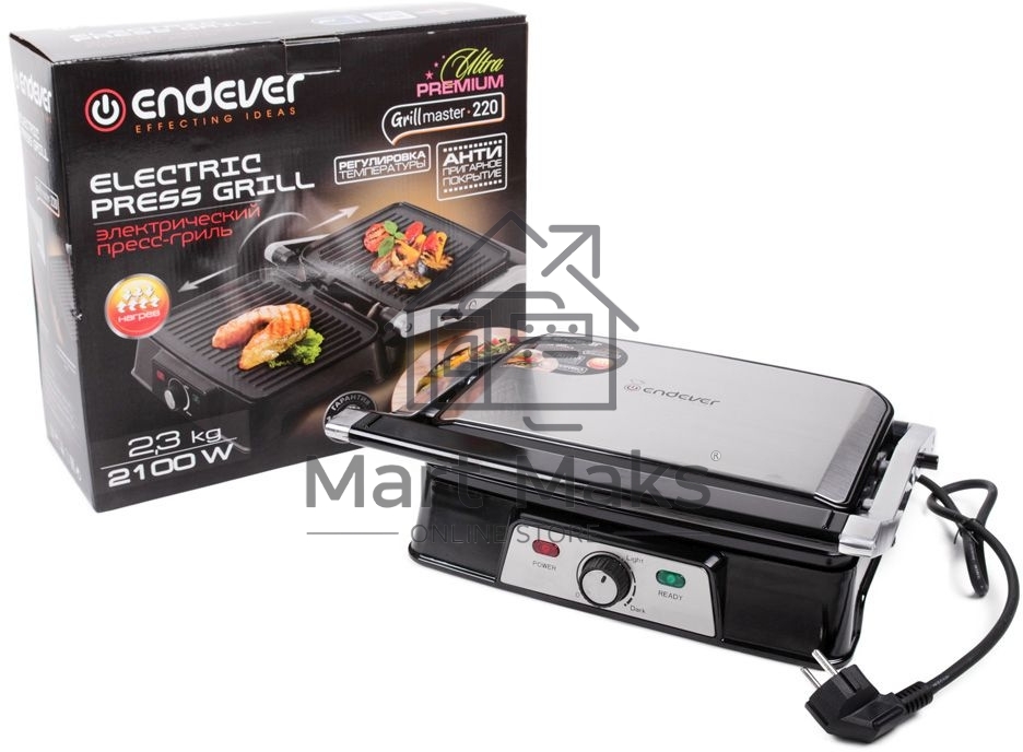 Электрический пресс-гриль Endever Grillmaster 220, серебристый/черный