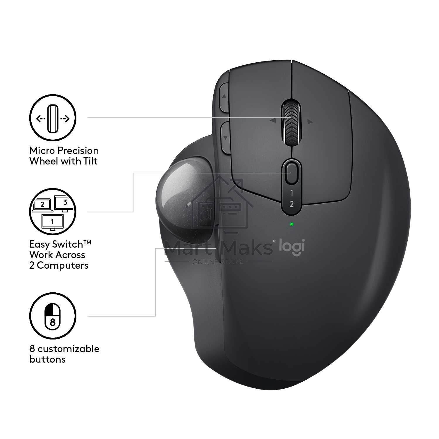 Трекбол беспроводной Logitech MX Ergo графитовый, 2048 dpi, радиоканал, Bluetooth, USB, кнопки - 8