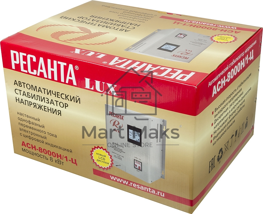 Стабилизатор напряжения Ресанта АСН-8 000 Н/1-Ц 63/6/17 Стабилизатор Lux 220В±8%, Габ. 305х190х360, Вес 15кг