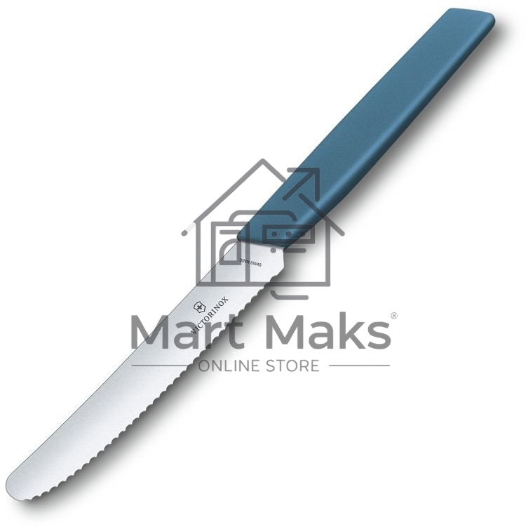 Нож кухонный Victorinox Swiss Modern (6.9006.11W2) стальной столовый для томатов лезв.110мм серрейт. заточка синий