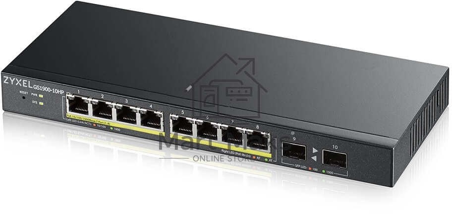 Коммутатор Smart L2 PoE+ Zyxel GS1900-10HP, 8xGE PoE+, 2xSFP, настольный, бесшумный, бюджет PoE 77 Вт