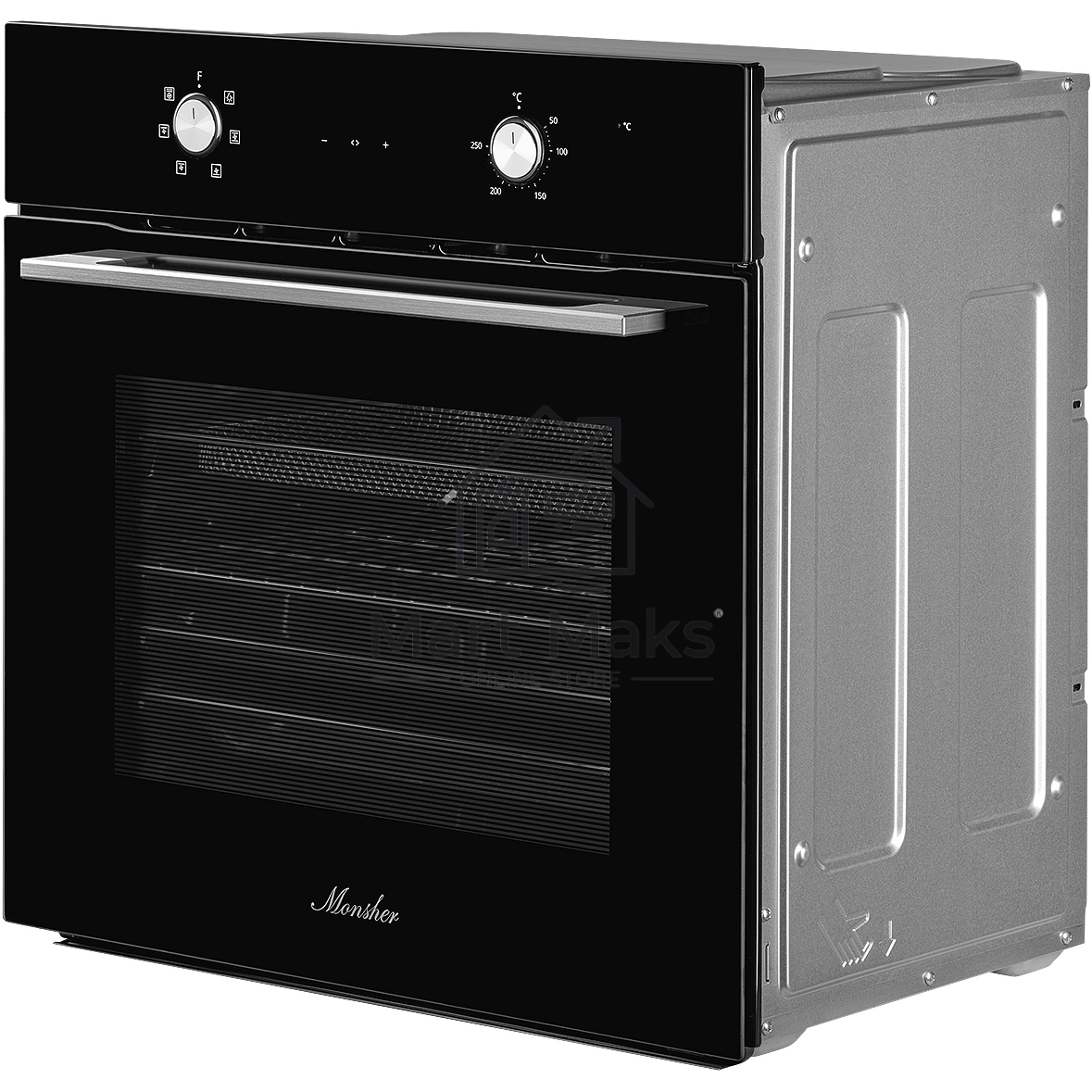 Духовой шкаф MONSHER MOE 6162 Noir, 5 режимов работы, объем духовки 58 л., утапливаемые переключатели, сенсорный таймер, 2 стекла в дверце, энергоэффективность А, цвет: черный,фурнитура серебряная