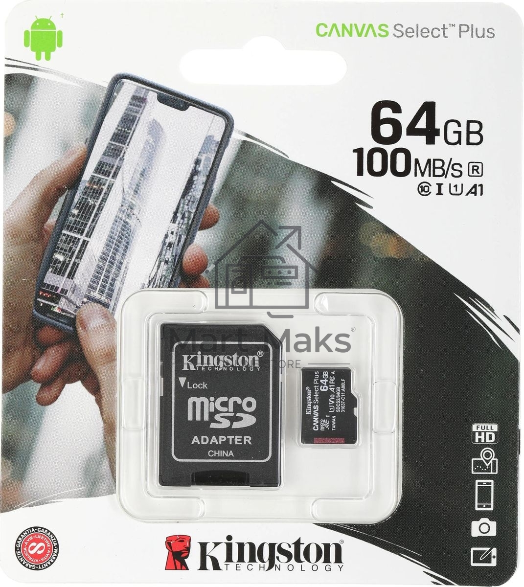 Флеш карта microSDHC 64GB microSDXC Class10 Kingston <SDCS2/64GB> Class10 UHS-I Canvas Select up to 100MB/s с адапт.