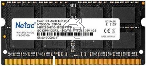 Оперативная память NETAC Basic, DDR3L, 4GB (1x4GB), 1600MHz, CL11, SO-DIMM