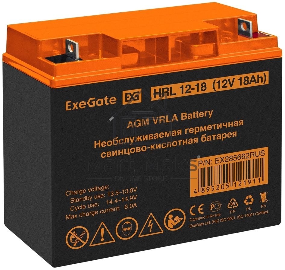 Аккумуляторная батарея ExeGate EX285662RUS HRL 12-18 (12V 18Ah, клеммы F3 (болт М5 с гайкой))