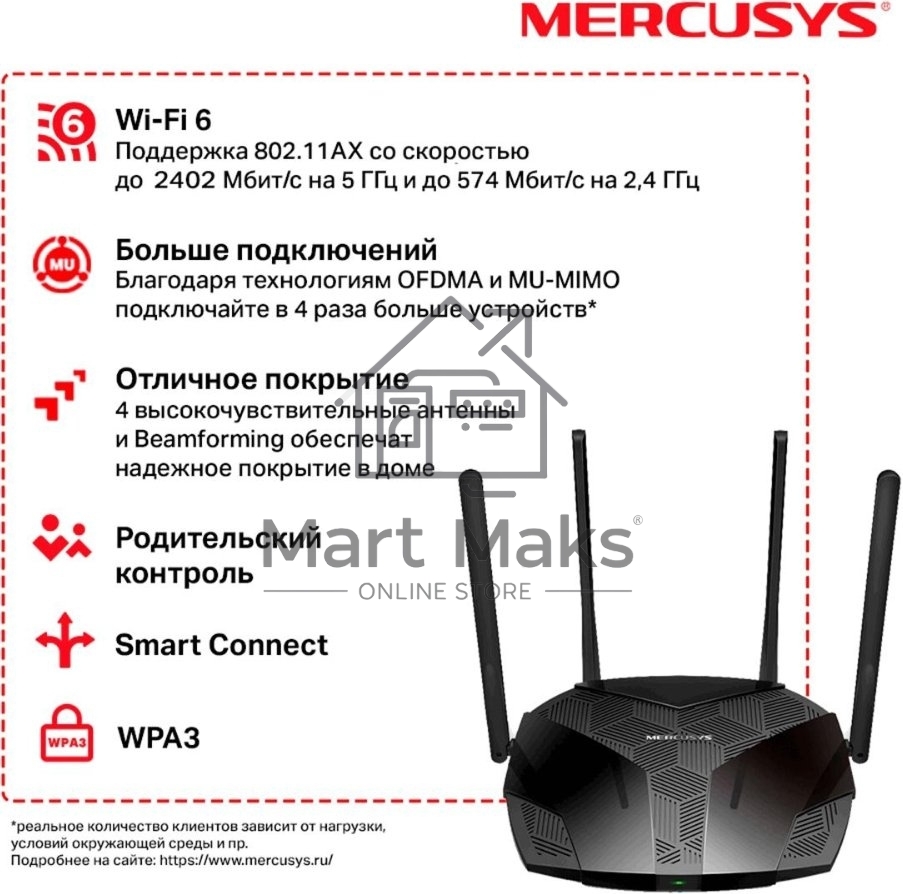 Двухдиапазонный роутер MERCUSYS AX3000 Wi-Fi 6, до 574 Мбит/с на 2,4 ГГц + до 2402 Мбит/с на 5 ГГц,4 фиксированные внешние антенны, 3 гигабитных порта LAN, 1 гигабитный порт WAN