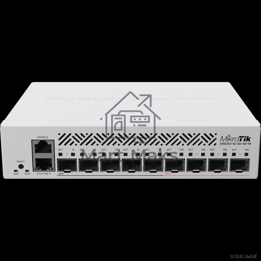 Коммутатор MikroTik Cloud Router Switch CRS310-1G-5S-4S+IN with 800 MHz CPU, 256 MB RAM, 4xSFP+, 5xSFP cages, 1xGBit LAN port, RouterOS L5, desktop case, rackmount ears, PSU