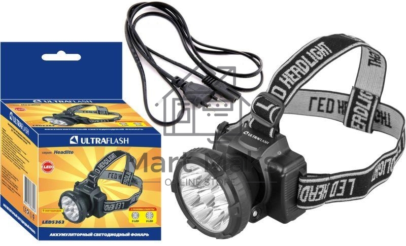Фонарь налобный аккумуляторный LED 5363 (220В 9LED 2 режима; черн.) Ultraflash 11257