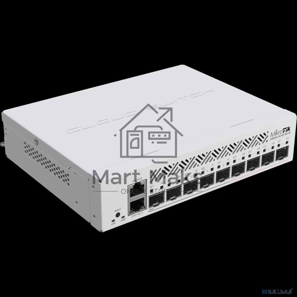 Коммутатор MikroTik Cloud Router Switch CRS310-1G-5S-4S+IN with 800 MHz CPU, 256 MB RAM, 4xSFP+, 5xSFP cages, 1xGBit LAN port, RouterOS L5, desktop case, rackmount ears, PSU