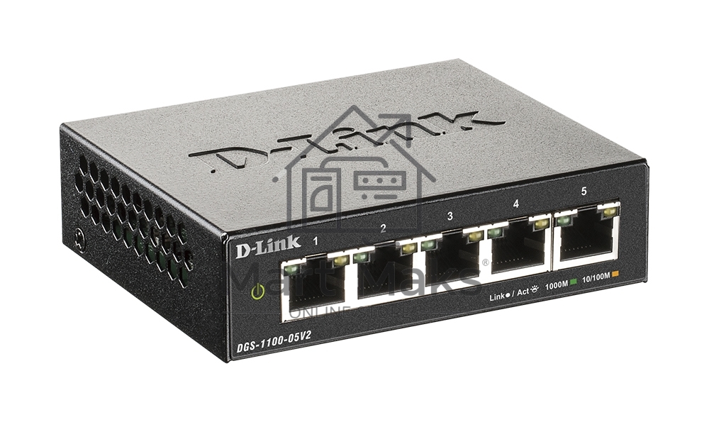 Коммутатор D-Link DGS-1100-05V2/A1A, L2 Smart Switch with 5 10/100/1000Base-T ports.8K Mac address, 802.3x Flow Control, Port Trunking, Port Mirroring, IGMP Snooping, 32 of 802.1Q VLAN, VID range 1-4094, Loopba