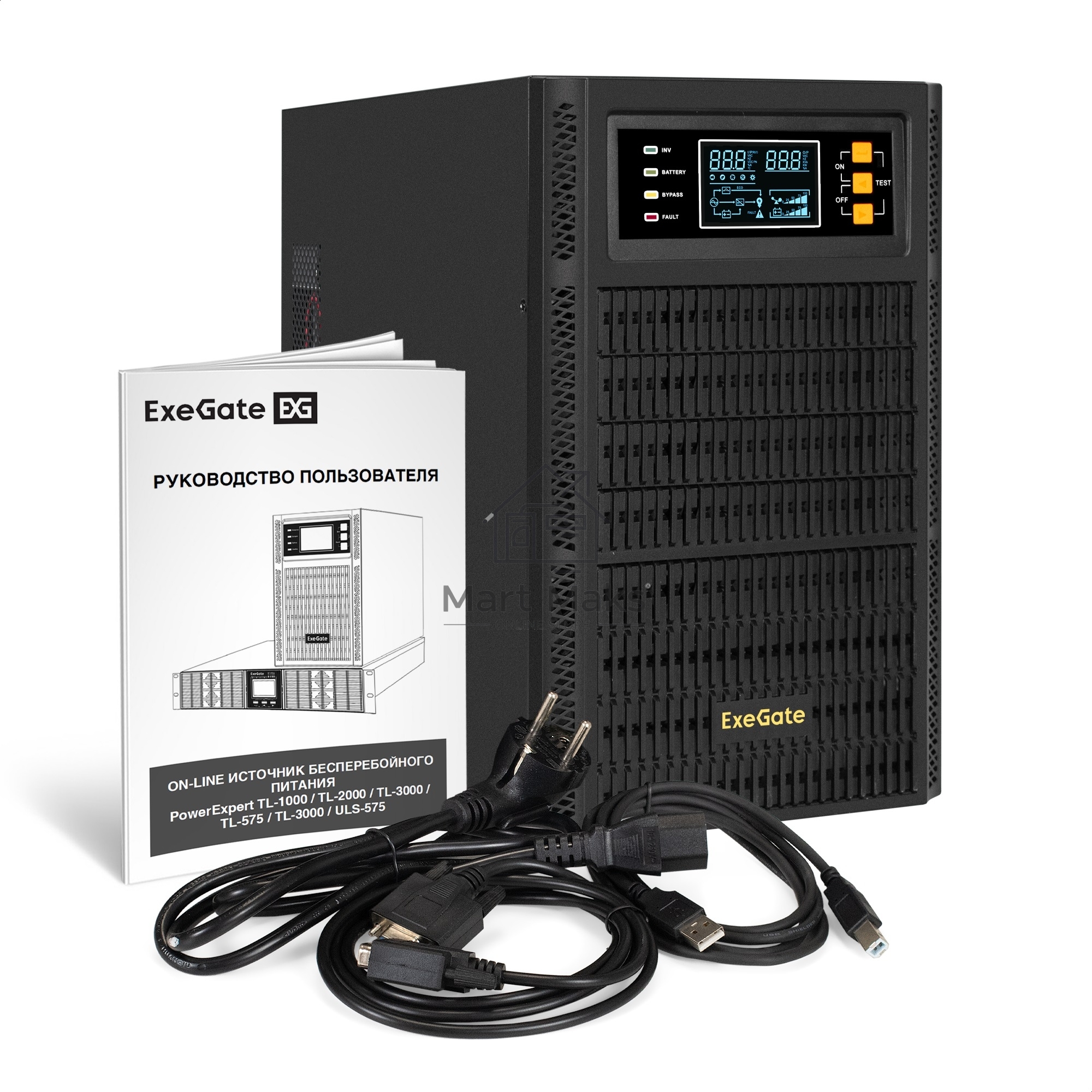 Источник бесперебойного питания On-line ExeGate PowerExpert TL-2000.72V.LCD.AVR.4SH.USB.RS232.SNMP <2000VA/2000W, On-Line, PF=1, LCD, 4*Schuko, RS232, USB, SNMP-slot, встроенные батареи 12V 7.2Ah- 6шт, возможность подключения до 4 внешних батарейных блоко