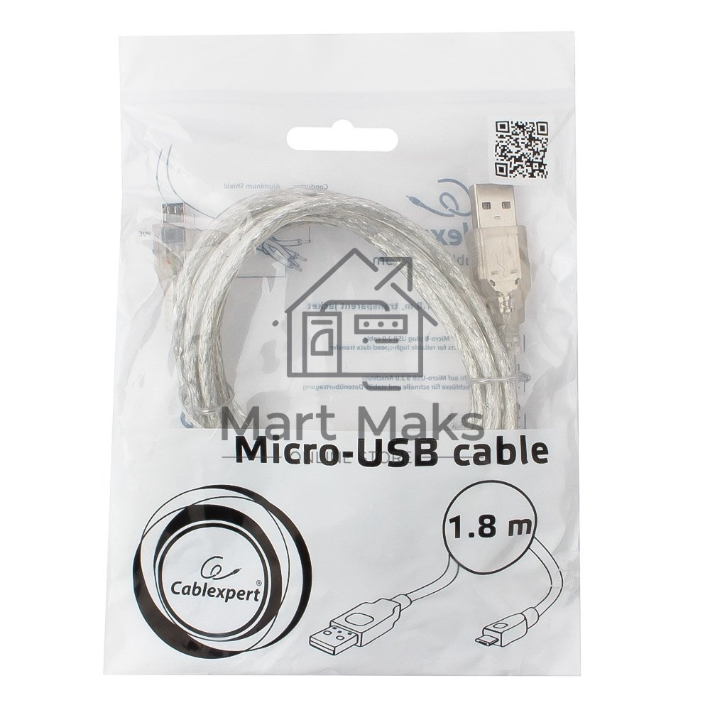 Кабель Cablexpert USB 2.0 Pro, AM/microBM, 1,8м, экран, феррит.кольцо, прозрачны (CCP-mUSB2-AMBM-6-TR)