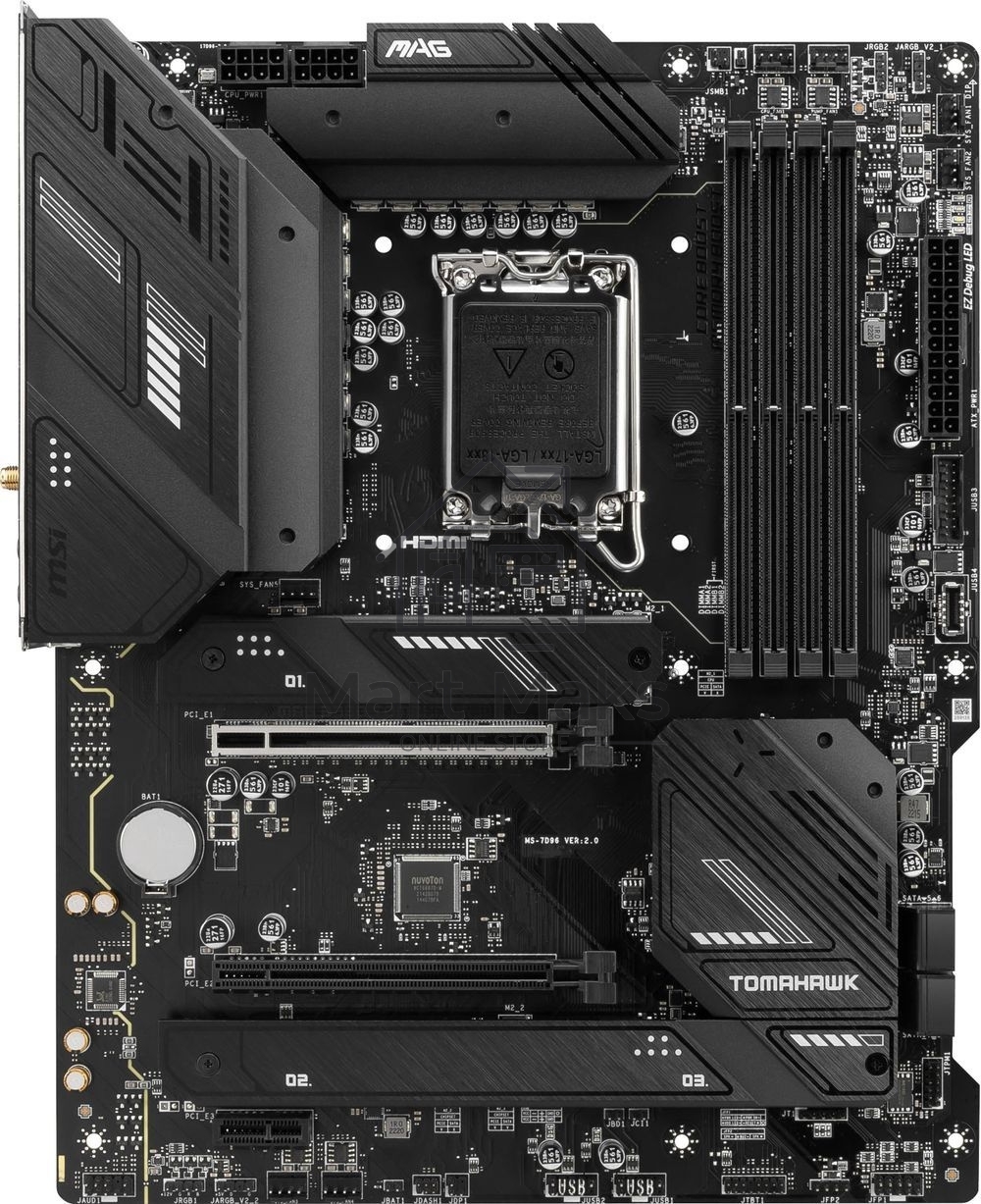 Материнская плата MSI MAG B760 TOMAHAWK WIFI, LGA 1700, Intel B760, 4xDDR5, 4xSATA, 3xM.2, 1xPCI-E 3.0 x4, 1xPCI-E 5.0 x16, 1xHDMI, 1xDP, 1xUSB Type-C, 1x2.5Gb LAN, 4xUSB-A 2.0, 4xUSB-A 3.2 Gen 2, 5x3.5 мм, 7.1, Standard-ATX