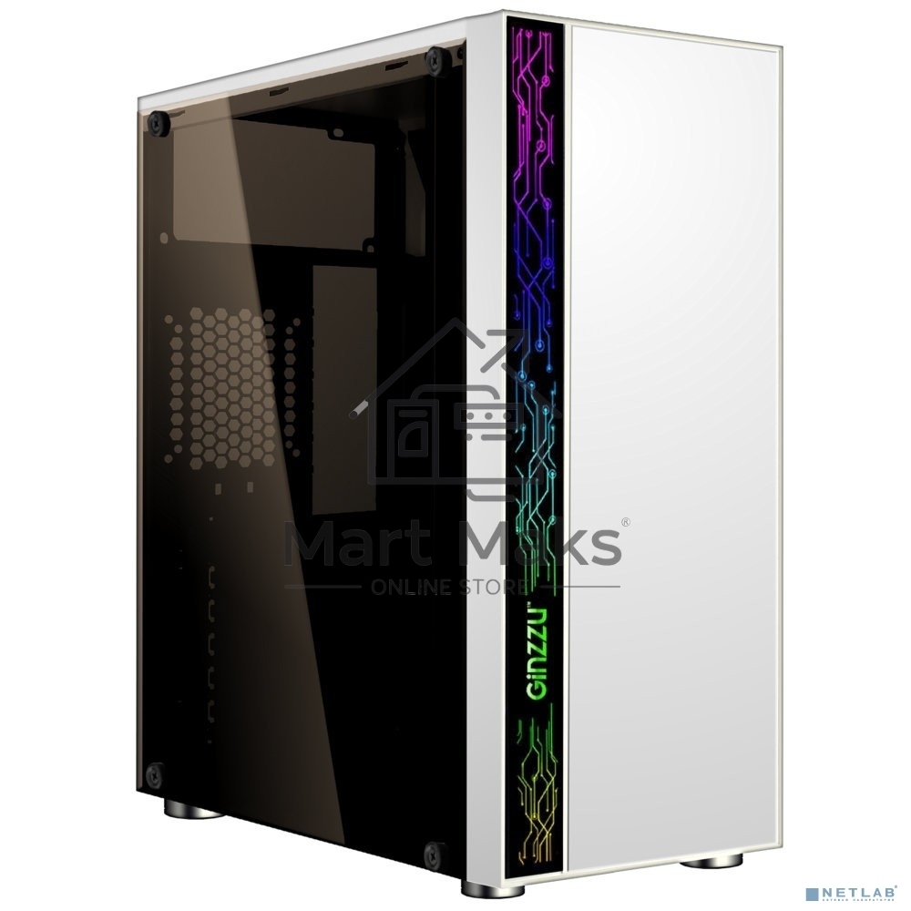 Компьютерный корпус Ginzzu A390 белый Window RGb подсветка 1хUSB 3.0, 2хUSB 2.0, AU