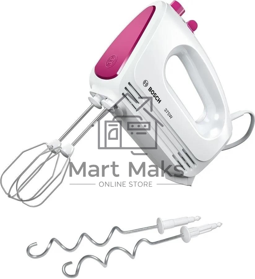 Миксер Bosch MFQ2210P, 375 Вт, белый/розовый, 4 скорости+ импульс.режим, 2 крюка+ 2 венчика