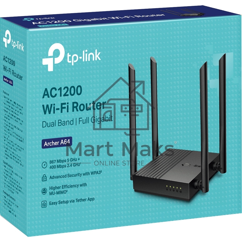 Роутер TP-Link Archer A64 AC1300 Wi-Fi роутер с MU-MIMO. RouterSPEED: 400 Mbps at 2.4GHz + 867Mbps at 5GHz SPEC: 4×Antennas, 1×Gigabit WAN Port + 4×Gigabit LAN Ports FEATURE: Tether App, WPA3, Access Point Mode, IPv6 Supported, IPTV, Beamforming, Smart Co
