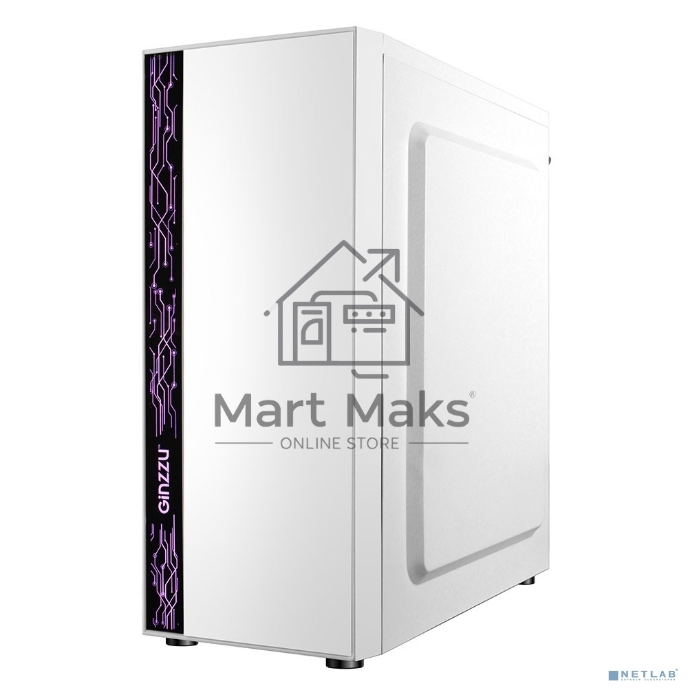 Компьютерный корпус Ginzzu A390 белый Window RGb подсветка 1хUSB 3.0, 2хUSB 2.0, AU