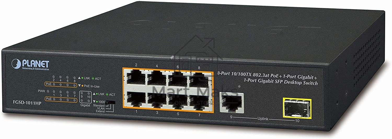 Неуправляемый PoE коммутатор FGSD-1011HP 8-Port 10/100TX 802.3at PoE + 1-Port 10/100/1000T + 1-Port 100/1000X SFP Desktop Switch (120W PoE Budget, Standard/VLAN/Extend mode, 10-inch and rack-mountable)