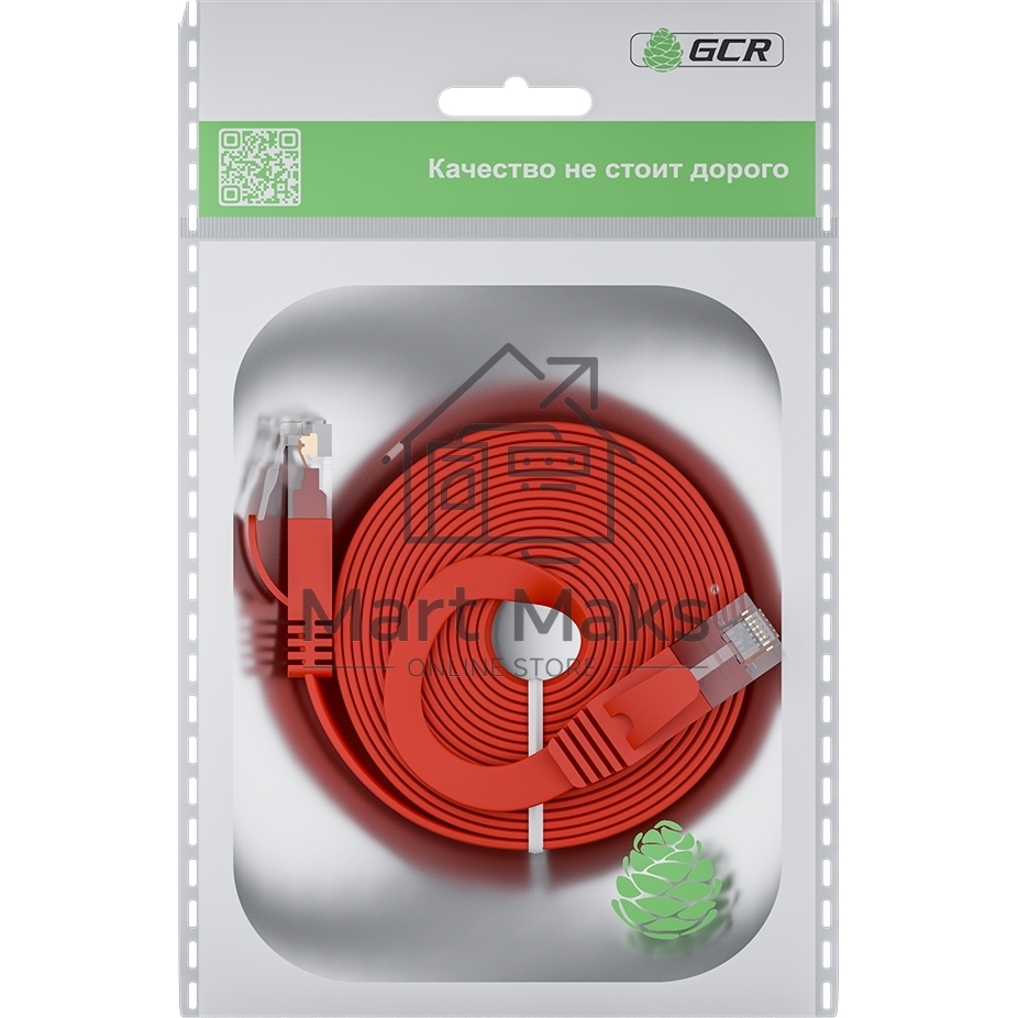 Патч-корд GCR  PROF плоский прямой 2.0m, UTP медь кат.6, красный, 30 AWG, ethernet high speed 10 Гбит/с, RJ45, T568B, GCR-52859