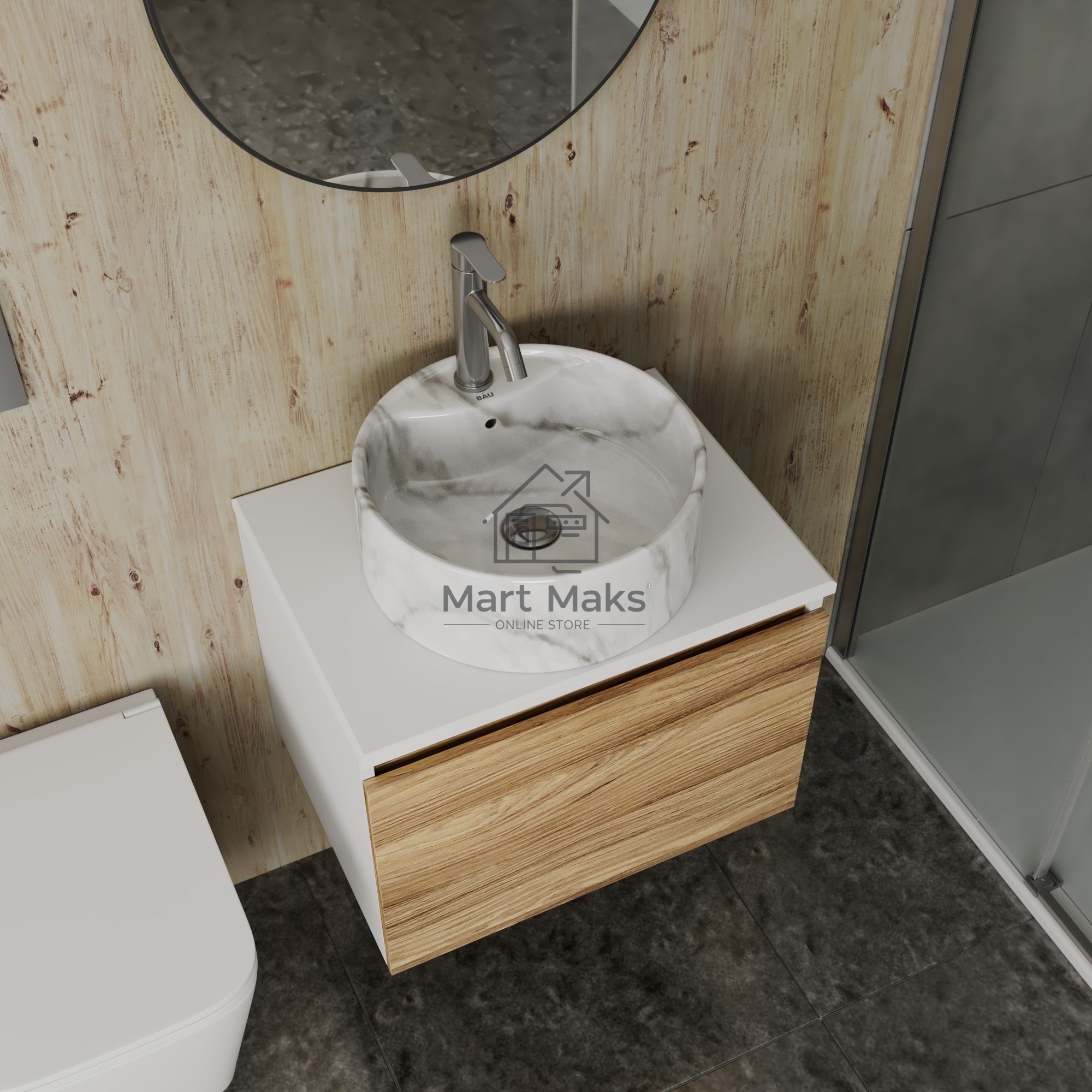 Комплект: тумба Bau Dream Blackwood 60, 1 ящик, Раковина круглая накладная BAU Element D41, мрамор, смеситель Hotel Dream, нерж сталь, выпуск клик клак хром