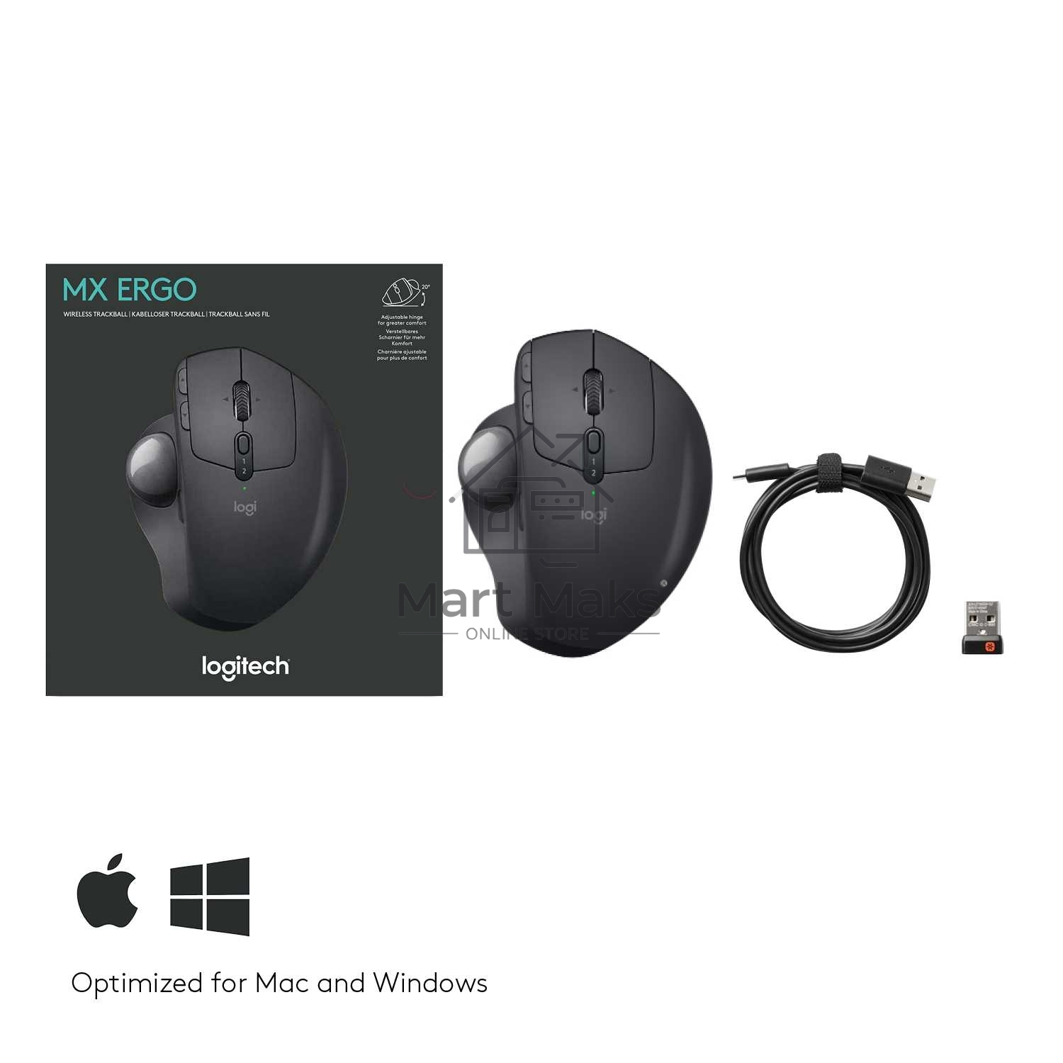 Трекбол беспроводной Logitech MX Ergo графитовый, 2048 dpi, радиоканал, Bluetooth, USB, кнопки - 8