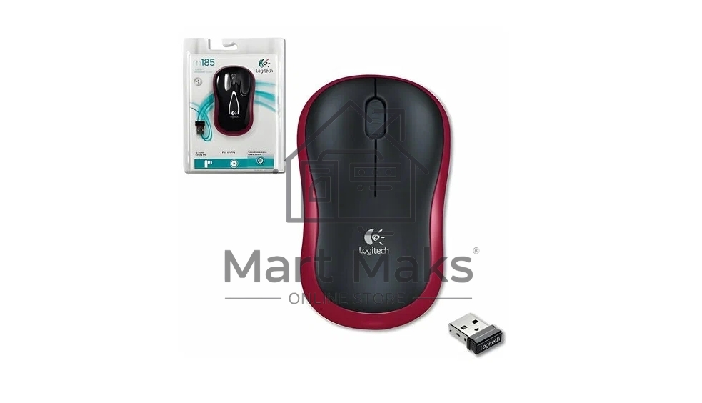 Мышь беспроводная Logitech M185, красный, 1000 dpi, радиоканал, USB, кнопки - 3