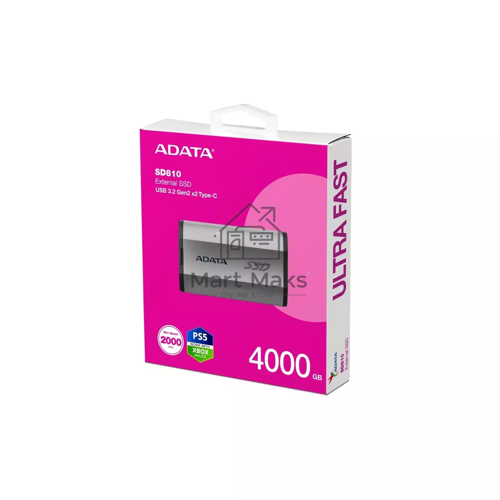 Внешний накопитель SSD 4TB A-DATA SD810, External, USB 3.2 Type-C, [R/W -2000/2000 MB/s] серый